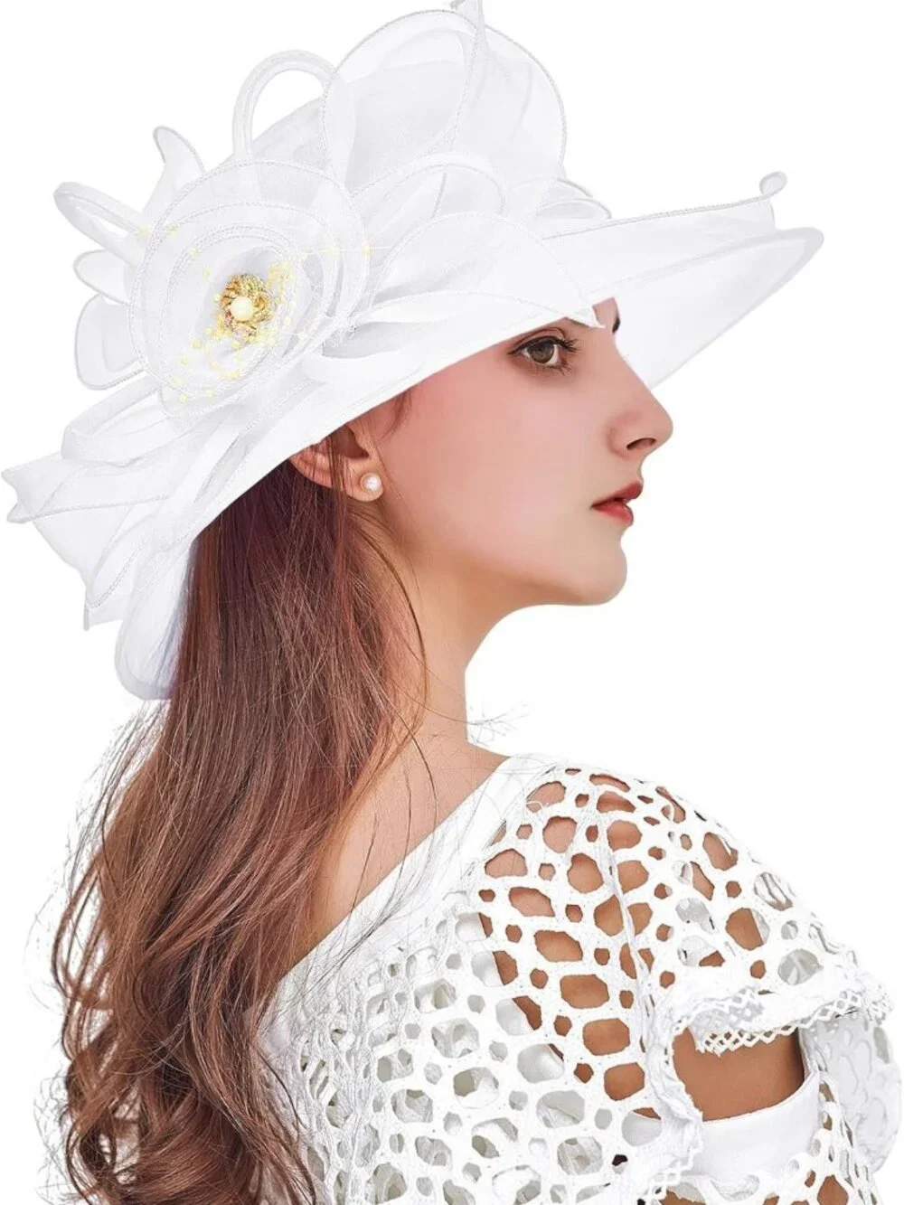 Elegant Organza Wedding Fascinator Tea Party Derby Hat - Flower Wide Brim Sun